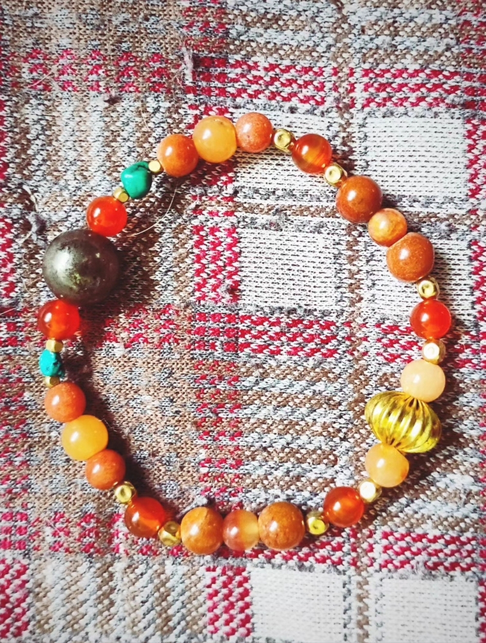 Handmade Orange Stones, Pyrite, And Turquoise Bracelet